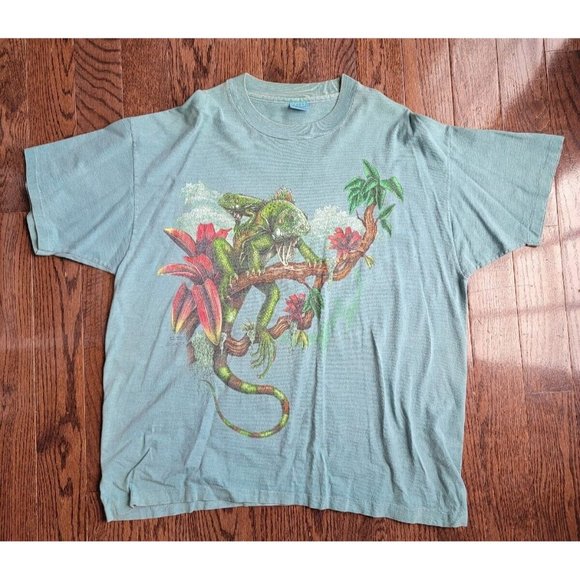 Unbranded Other - VINTAGE T-Shirt Green 1993 Single Stitch Ken Drewke Iguana Tee Harlequin Nature